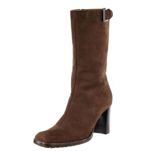 Worn 2x FACONNABLE Mid-Calf Boots Nubuck Leather Brown Square Toe 5.5 B ITALY